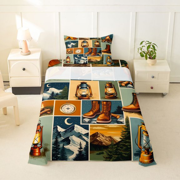Manfei Rustic Rv Twin Sheets,Retro Camping Theme Bedding,Brown,3-Piece,1 Fitted Sheet and 1 Pillowcase