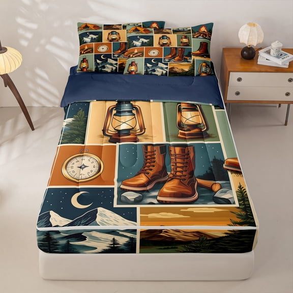 Manfei Rustic Rv Zipper Twin Comforter Sets with Fitted Sheet and 2 Pillowcases,Retro Camping Theme Zipper Bedding Set,Brown,Navy Blue Reversible,4pcs