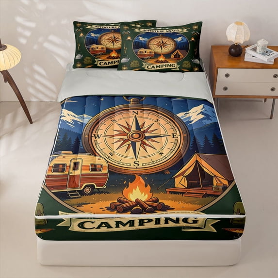 Manfei Rustic Rv Zipper Twin Comforter Sets with Fitted Sheet and 2 Pillowcases,Woodland Camping Theme Zipper Bedding Set,Green,Light Gray Reversible,4pcs