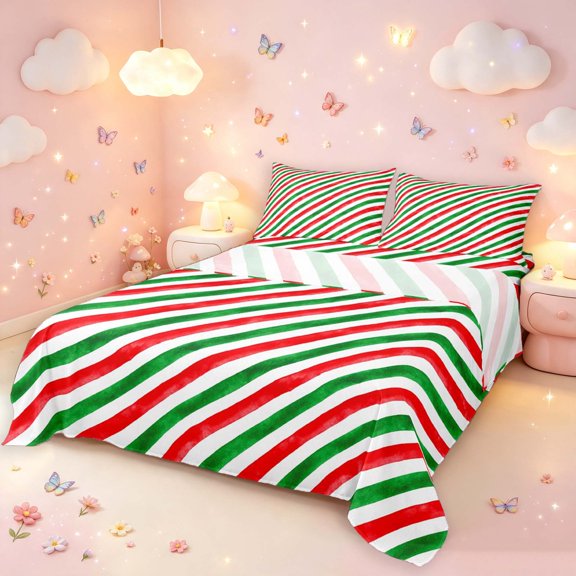 Manfei Rustic Striped Candy Queen Sheets,Farmhouse Christmas Queen Sheet Sets,Green,4pcs,1 Flat Sheet,1 Fitted Sheet and 2 Pillowcases
