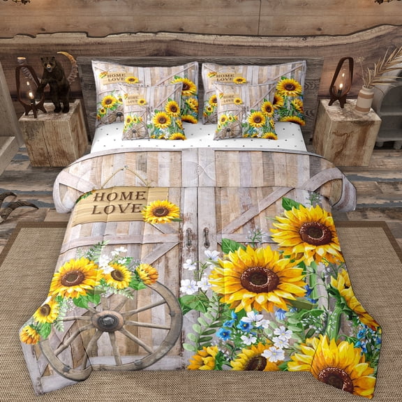 Manfei Rustic Sunflower 7 Pieces Bedding Comforter Set,Old Barn Door Full Bedding Set,Country Farmhouse Lodge Fitted Sheet Flat Sheet For Men Women,Ultra Soft Home Decor