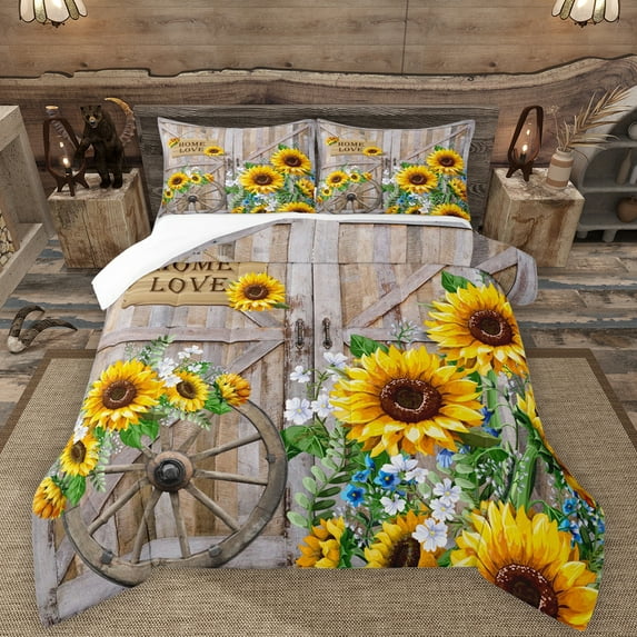 Manfei Rustic Sunflower Bedding Comforter Set,Old Barn Door Twin Comforter Sets,Country Farmhouse Lodge Bedding Set For Men Women,Ultra Soft Home Decor,2 Pieces