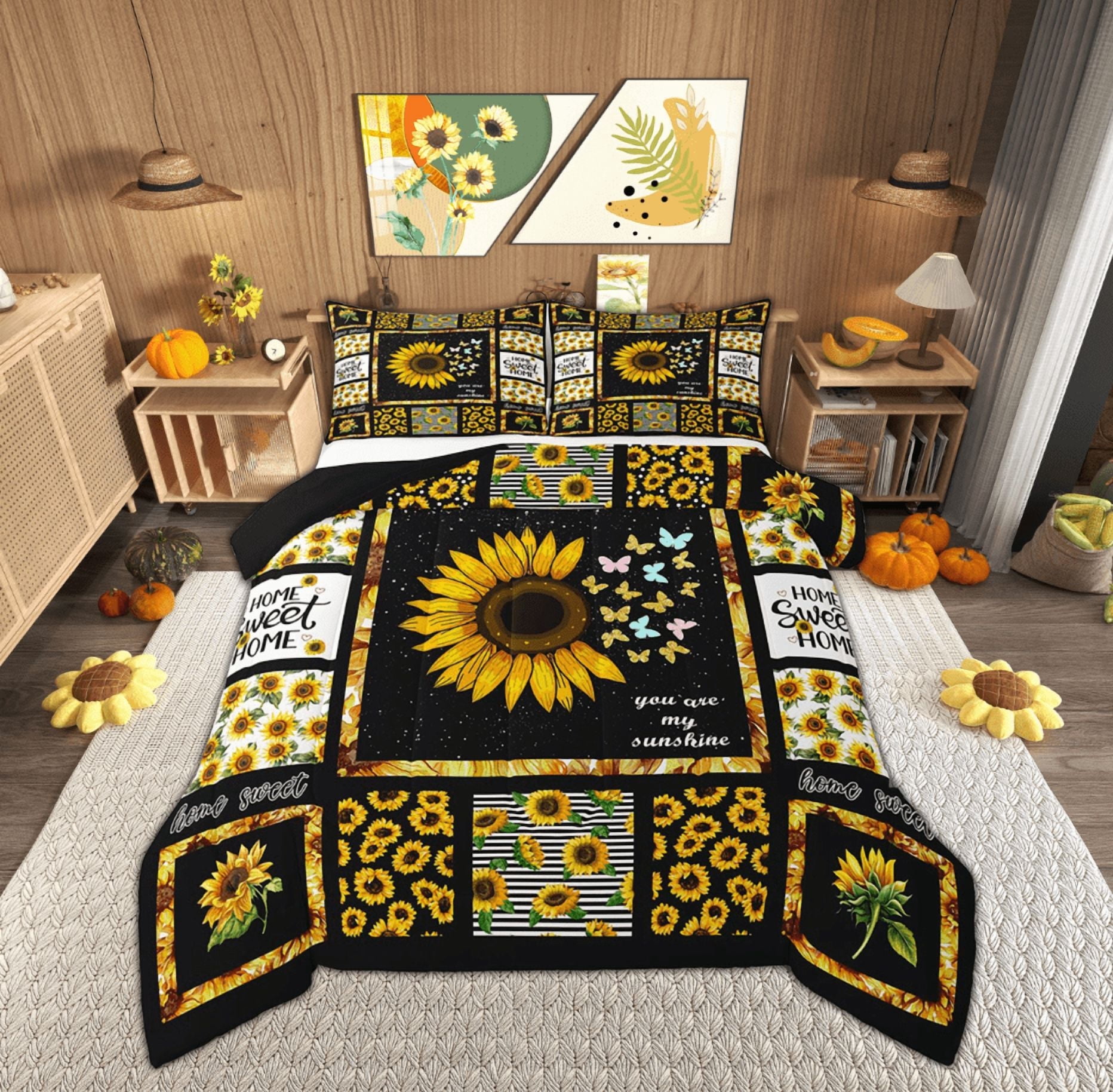 Manfei Rustic Sunflower Bedding Sets Twin with Comforter, Black Yellow Comforter Sets Twin Size, Floral Patchwork Reversible Down Comforter, Microfiber Room Decor, 2 Pieces