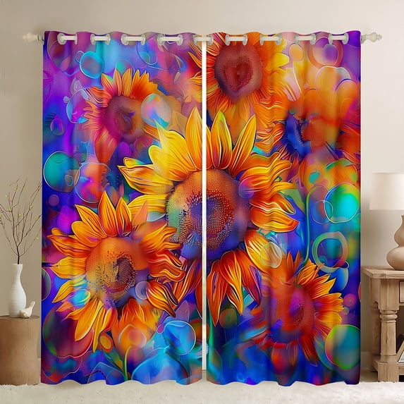 Manfei Rustic Sunflower Blackout Curtains Set of 2 (52x84 Each),Autumn Fall Window Curtains,Orange Blue Ombre Curtains and Drapes For Girl Teens,Microfiber Bedroom Decor