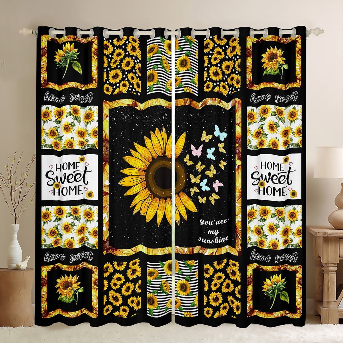 Manfei Rustic Sunflower Curtains and Drapes (52x84), Black Yellow Curtains Pack of 2, Floral Patchwork Black Out Curtains, Window Curtains Room Decor