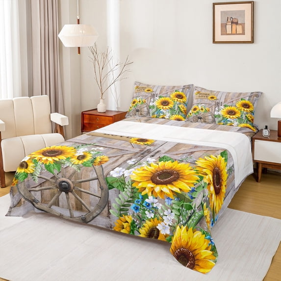 Manfei Rustic Sunflower Twin Sheet Sets,Old Barn Door Twin Fitted Sheet,Country Farmhouse Lodge Flat Sheet For Men Women,Ultra Soft Home Decor,3 Pieces