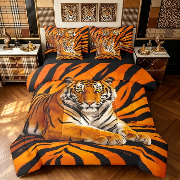 Manfei Rustic Tiger Twin Bedding, Abstract Animal Print Bedding Comforter Set, Brown Orange, Black Reversible, 7-Piece