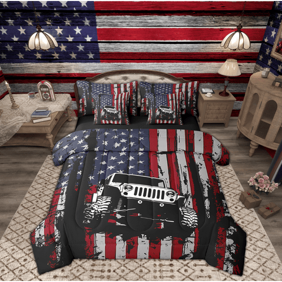 Manfei Rustic Truck Adult Bedding Comforter Set 7-Piece, Vintage US Flag King Bedding Sets, Stripes Geometric Reversible Bed Sheets, Microfiber Bedroom Decor