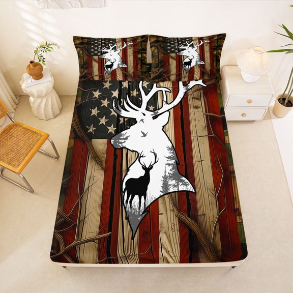 Manfei Rustic US Flag Fitted Sheet Full, Contemporary Art Camo Bed Set, Coyote Brown, 3pcs, 1 Fitted Sheet and 2 Pillowcases
