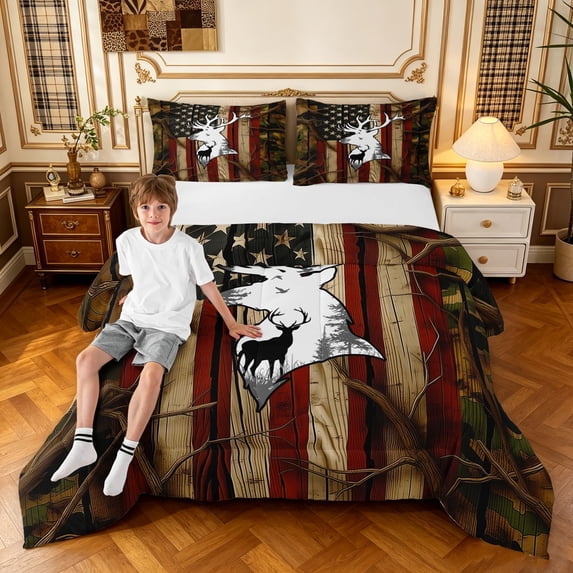 Manfei Rustic US Flag King Size Comforter Sets, Contemporary Art Camo Comforters King Size, Coyote Brown, Black Reversible, 3pcs, 1 Comforter and 2 Pillowcases