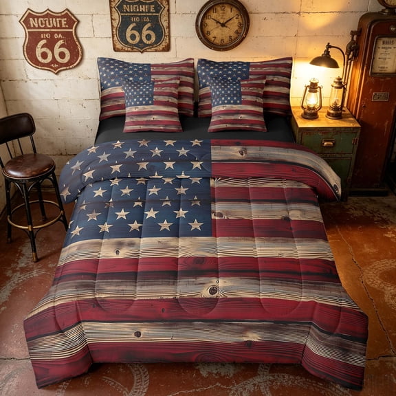 Manfei, Rustic US Flag Queen Bedding, Vintage Patriotic Theme Bedding Comforter Set Queen, Multicolor, Black Reversible 7 Pieces