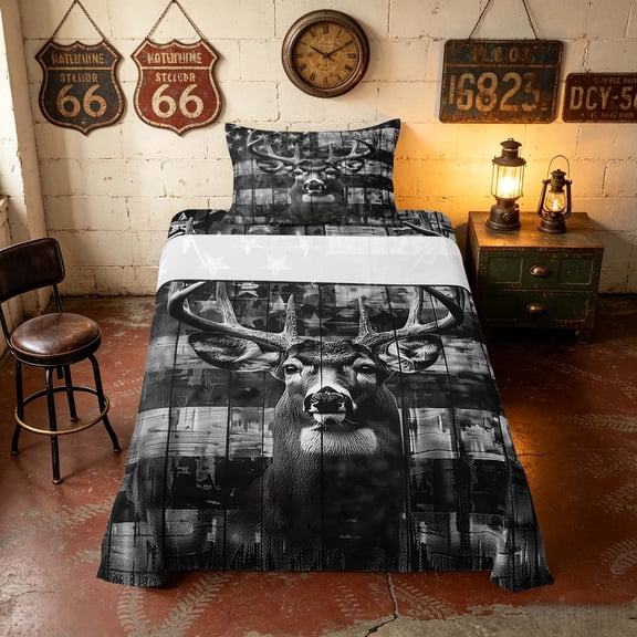 Manfei Rustic USA Flag Twin Sheets, Woodland Animal Bedding, Grey, Black Reversible 3-Piece (1 Flat Sheet, 1 Fitted Sheet and 1 Pillowcase)