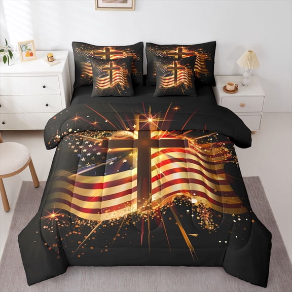 Manfei Rustic Us Flag 7-Piece Twin Bedding,3D Golden Cross Bedding Comforter Set,Black Reversible