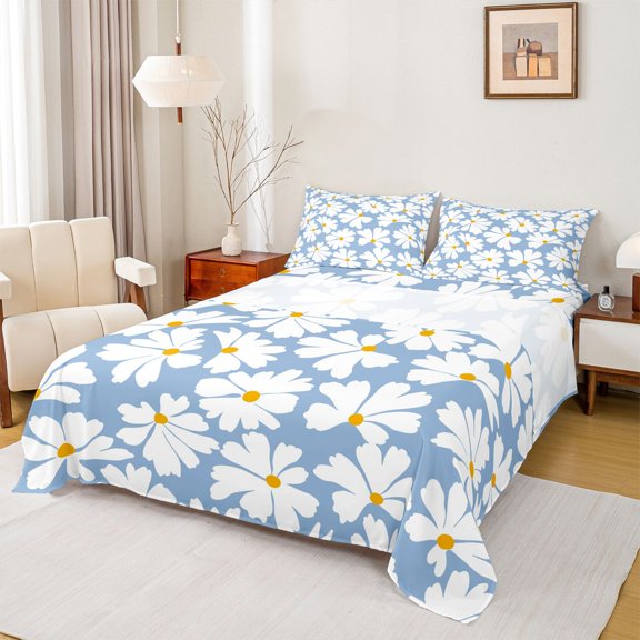 Homewish Rustic Vibrant Floral Twin Sheet Sets, Blue Groovy Daisy Flower Twin Fitted Sheet, Princess Style Flat Sheet, Lightweight Room Decor, 3-Piece