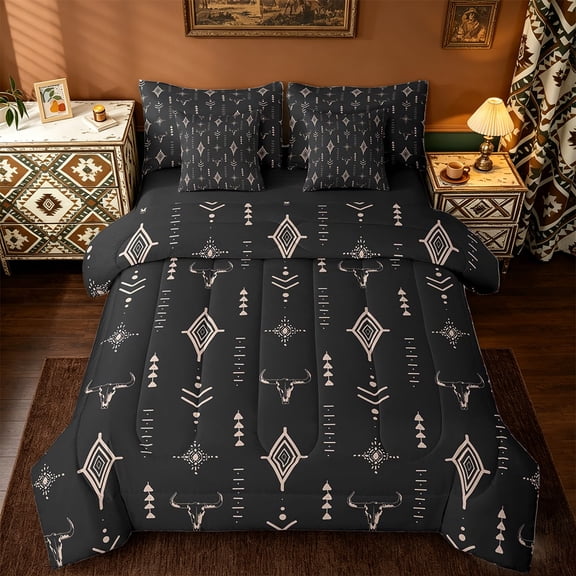 Manfei Rustic Western 7-Piece Bedding Comforter Set Kids,Western Tribal Bull Skull King Bedding Sets Black Brown Boho Ethnic Aztec Cow Pattern Reversible