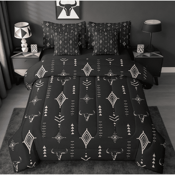 Manfei Rustic Western 7 Pieces Bedding Comforter Set Kids,Western Tribal Bull Skull Full Bedding Set Black Brown Boho Ethnic Aztec Cow Pattern Reversible