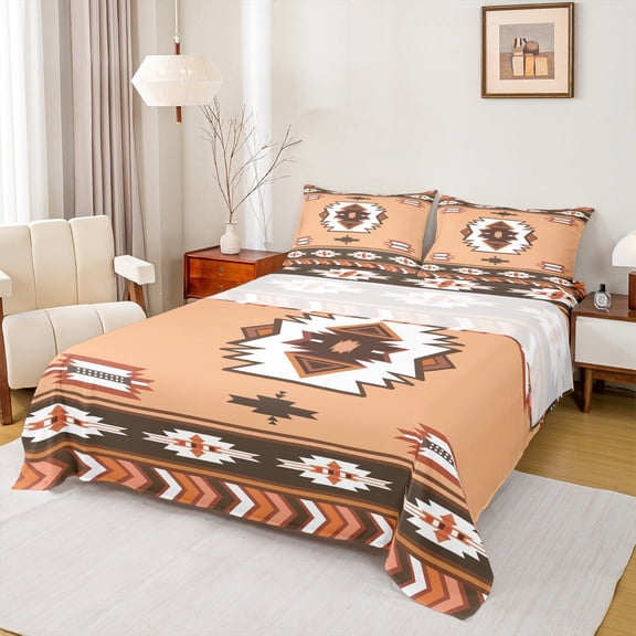 Manfei Rustic Western Aztec Bed Sheets,Vintage Geometric Pattern King Sheets,Brown White Sheet Set For Men Women,Breathable Home Decor,4pcs