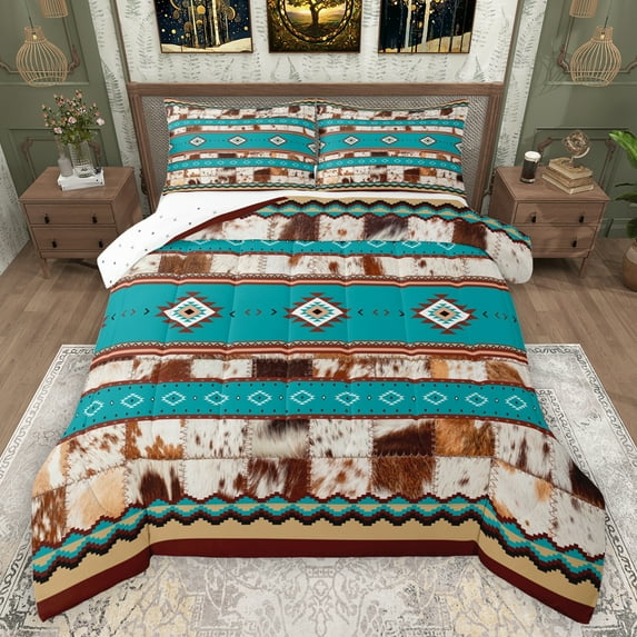 Manfei Rustic Western Aztec Bedding Comforter Set,Country Farmhouse Lodge Twin Comforter Sets,Cyan Brown Bedding Set For Men Women,Breathable Home Decor Reversible,2 Pieces