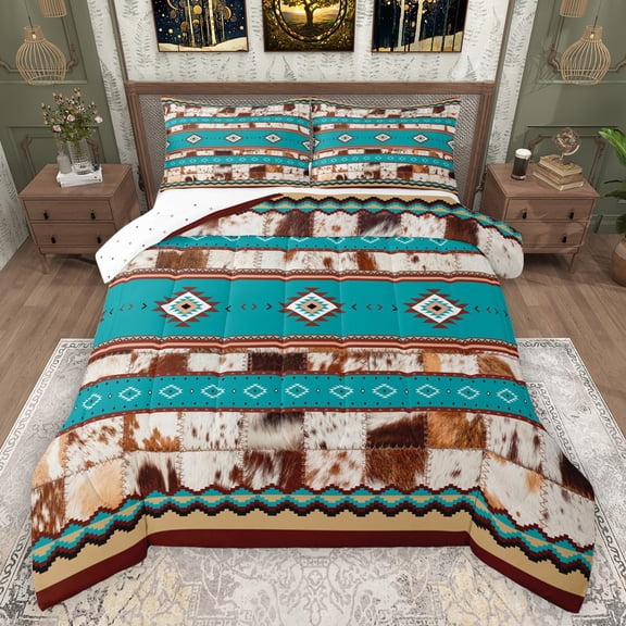 Manfei Rustic Western Aztec Full Size Comforter Sets,Country Farmhouse Lodge Bedding Comforter Set,Cyan Brown Bedding Sets For Men Women,Breathable Home Decor Reversible,3pcs