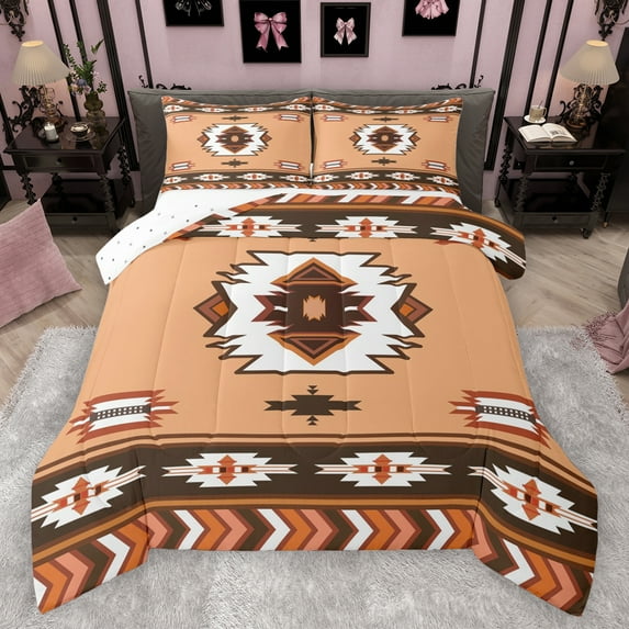 Manfei Rustic Western Aztec Full Size Comforter Sets,Vintage Geometric Pattern Bedding Comforter Set,Brown White Bedding Sets For Men Women,Breathable Home Decor Reversible,3-Piece