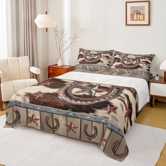 Manfei Rustic Western Bed Sheets Queen, Texas Stars Queen Sheet Sets, Farmhouse Cow Print Bedding Sets Queen Size, Ultra Soft Bedroom Decorative, 4pcs
