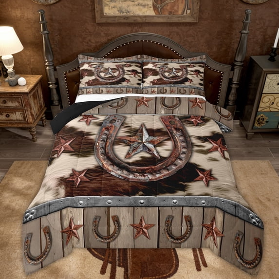 Manfei Rustic Western Bedding Full Comforter Set, Texas Stars Down Comforter, Farmhouse Cow Print Reversible Duvet Insert, Ultra Soft Bedroom Decorative, 3pcs
