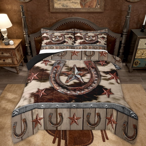 Manfei Rustic Western Bedding Full Comforter Set, Texas Stars Down Comforter, Farmhouse Cow Print Reversible Duvet Insert, Ultra Soft Bedroom Decorative, 3pcs