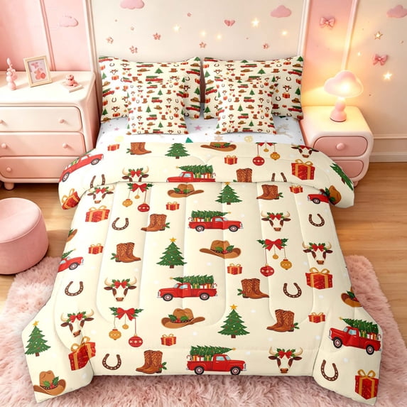 Manfei Rustic Western Christmas 7-Piece Twin Bedding,Farmhouse Horse Bull Skull Bedding Comforter Set,Yellow Orange,Christmas Reversible