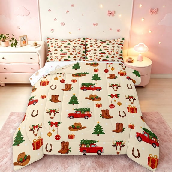 Manfei Rustic Western Christmas Full Size Comforter Sets,Farmhouse Horse Bull Skull Bedding Comforter Set,Yellow Orange,Christmas Reversible,3pcs,1 Comforter and 2 Pillowcases