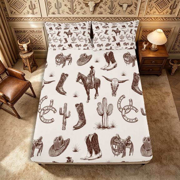 Manfei Rustic Western Cowboy Fitted Sheet Full 3 Pieces,Vintage Cactus Horseshoe Bed Set,Cream Brown,1 Fitted Sheet and 2 Pillowcases