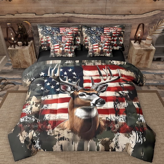 Manfei Rustic Western Farmhouse 7-Piece Bedding Comforter Set,Safari Deer Moose King Bedding Sets,Splatter Ink Bed Sheets For Boys Kids,Super Cozy Room Decor Reversible