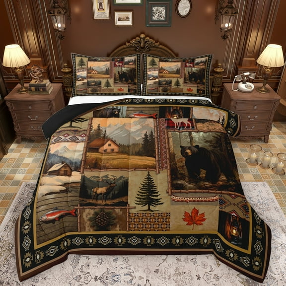Manfei Rustic Western Farmhouse Bedding Comforter Set,Safari Bear Moose Twin Comforter Sets,Retro Pike Fish Bedding Set For Boys Kids,Super Cozy Room Decor Reversible,2pcs