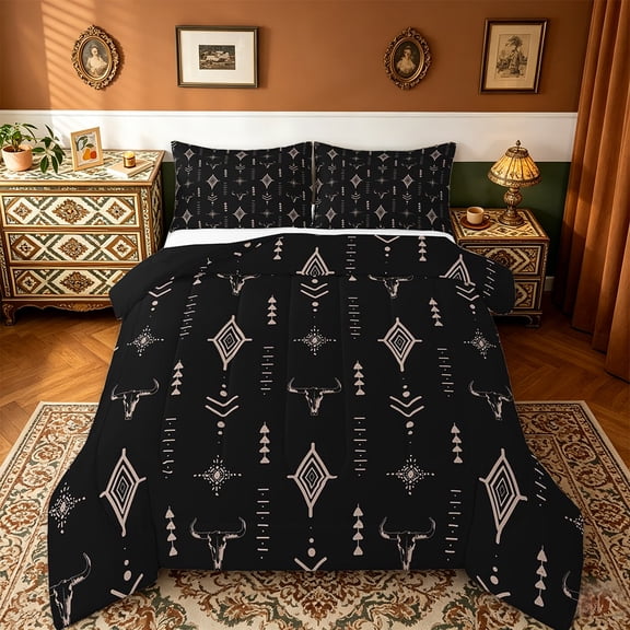 Manfei Rustic Western Queen Comforter Set Kids,Western Tribal Bull Skull Bedding Comforter Set Black Brown Boho Ethnic Aztec Cow Pattern Reversible 3pcs