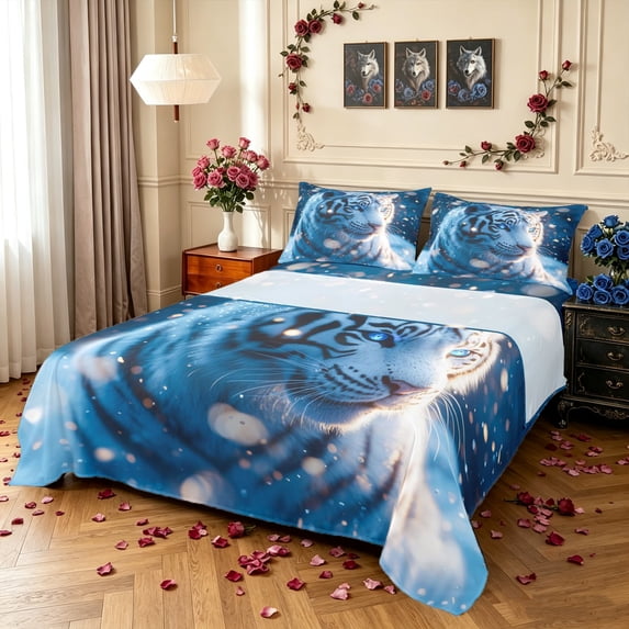 Manfei Rustic White Tiger Print King Sheets, Winter Jungle Animal Bedding, Blue White, 4pcs, 1 Flat Sheet, 1 Fitted Sheet and 2 Pillowcases