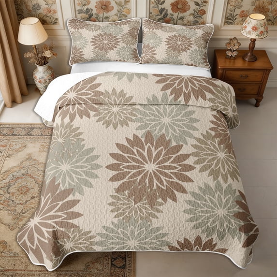 Manfei Rustic Wildflower Dahlia Bed Spread Queen 3pcs,Cottagecore Blossom Queen Coverlet Set,1 Quilt and 2 Pillowcases