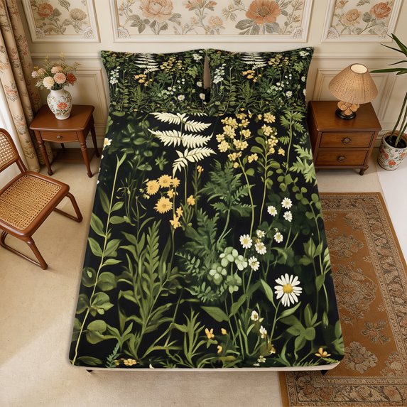Manfei Rustic Wildflower Fitted Sheet Queen 3-Piece,Cottagecore Blossom Bedding,1 Fitted Sheet and 2 Pillowcases