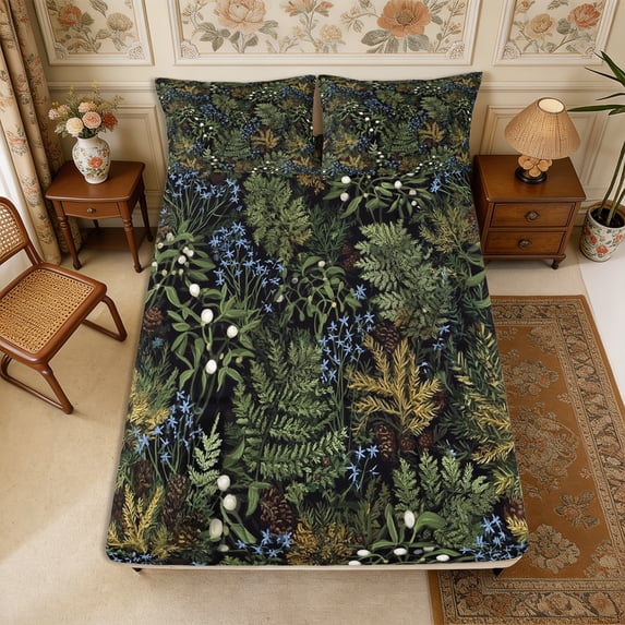 Manfei Rustic Wildflower Fitted Sheet Queen 3-Piece,Cottagecore Blossom Bedding,1 Fitted Sheet and 2 Pillowcases