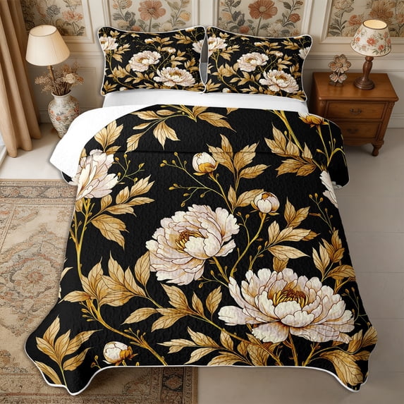 Manfei Rustic Wildflower Peony Quilt King 3 Pieces,Cottagecore Blossom King Coverlet Set,1 Bedspread and 2 Pillowcases