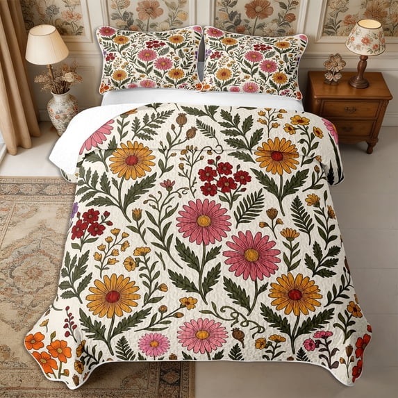 Manfei Rustic Wildflower Quilt Full 3-Piece,Cottagecore Blossom Full Bedspread Sets,1 Coverlet and 2 Pillowcases