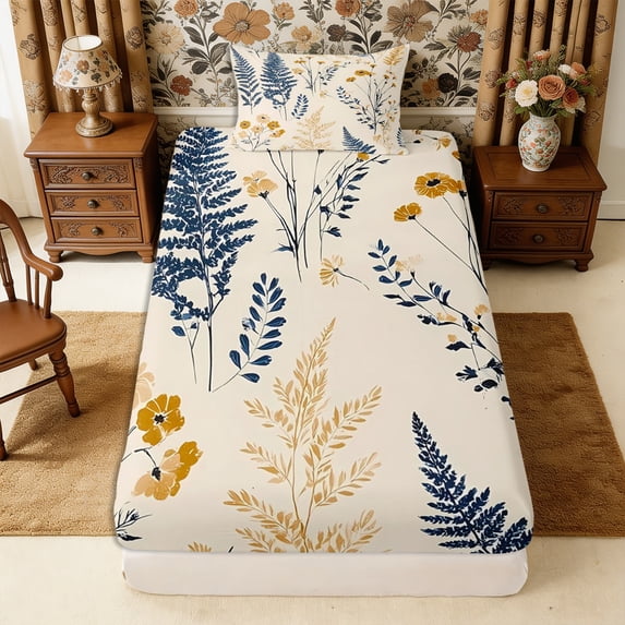 Manfei Rustic Wildflower Twin Fitted Sheet 2 Pieces,Cottagecore Blossom Bedding,1 Fitted Sheet and 1 Pillowcase