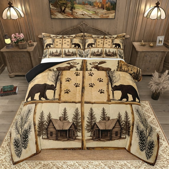 Homewish Rustic Wildlife Bear Full Size Comforter Sets, Farmhouse Lodge Cabin Bedding Comforter Set, Teens Adult Men Reversible Bedding Sets, Luxury Bedroom Decor, 3 Pieces