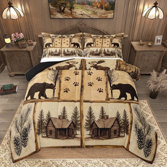 Homewish Rustic Wildlife Bear Queen Comforter Set, Farmhouse Lodge Cabin Bedding Sets, Teens Adult Men Reversible Bedding Comforter Set, Luxury Bedroom Decor, 3 Pieces