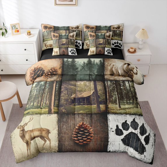 Manfei Rustic Wildlife Grid 7pcs Queen Bedding,Cartoon Bear Bedding Comforter Set Queen,Brown,Black Reversible