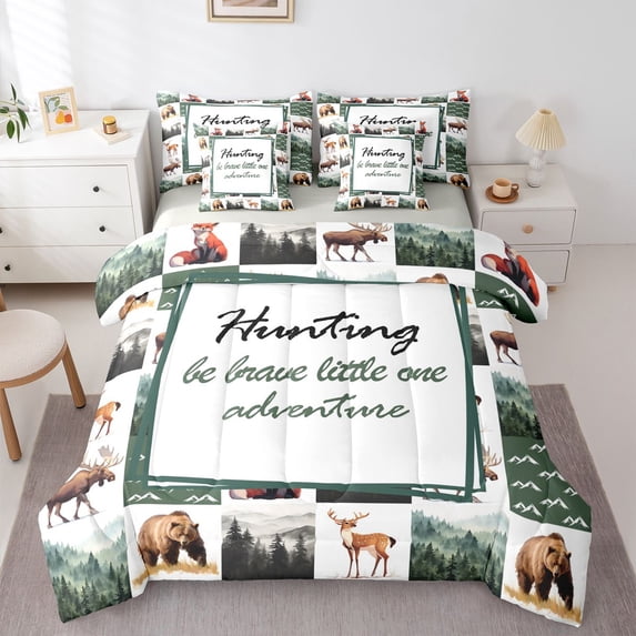 Manfei Rustic Wildlife Grid 7pcs Queen Bedding,Geometric Check Pine Bedding Comforter Set Queen,Green,Light Gray Reversible