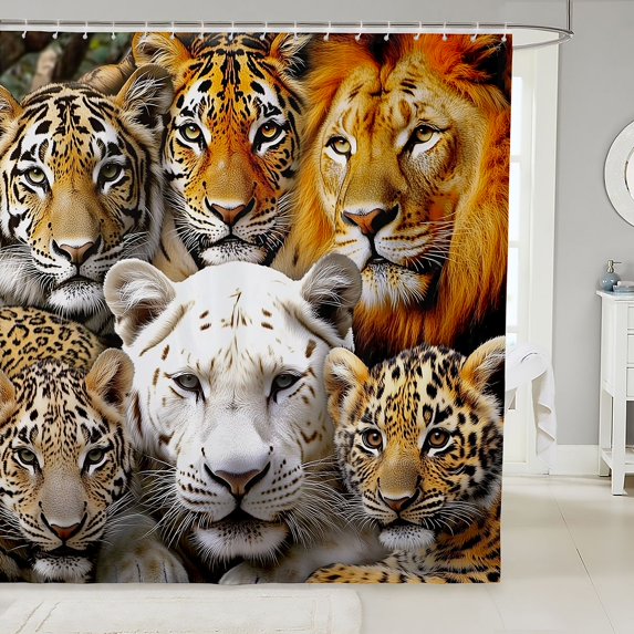 Manfei Rustic Wildlife Shower Curtain 72Wx84L, 3D Tiger Lion Bathroom Shower Curtain, Tan Orange