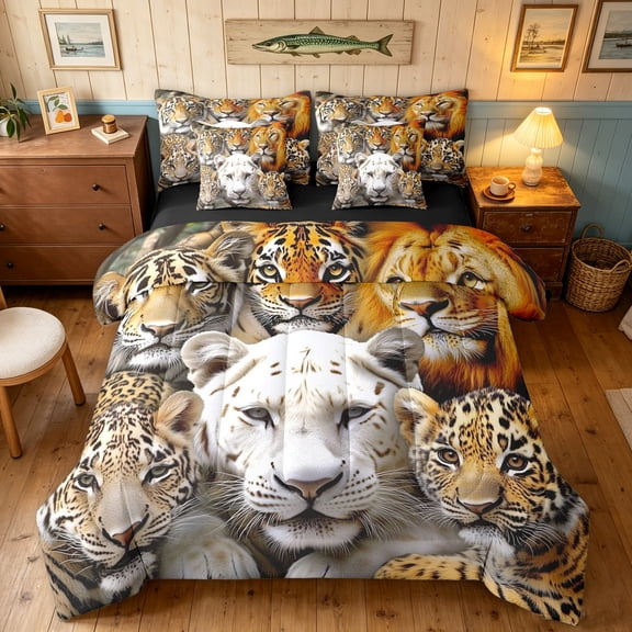 Manfei Rustic Wildlife Twin Bedding, 3D Tiger Lion Bedding Comforter Set, Tan Orange, Black Reversible, 7pcs