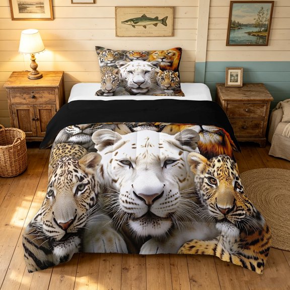 Manfei Rustic Wildlife Twin Comforter Sets, 3D Tiger Lion Bedding Set, Tan Orange, Black Reversible, 2pcs, 1 Comforter and 1 Pillowcase