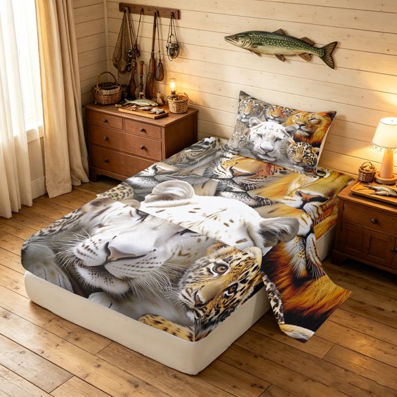 Manfei Rustic Wildlife Twin Sheets, 3D Tiger Lion Bedding, Tan Orange, 3pcs, 1 Flat Sheet, 1 Fitted Sheet and 1 Pillowcase