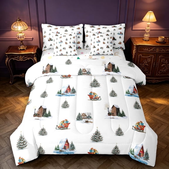 Manfei Rustic Winter Cabin 7-Piece Twin Bedding,Traditional Christmas Tree Bedding Comforter Set,White Gray,Christmas Reversible