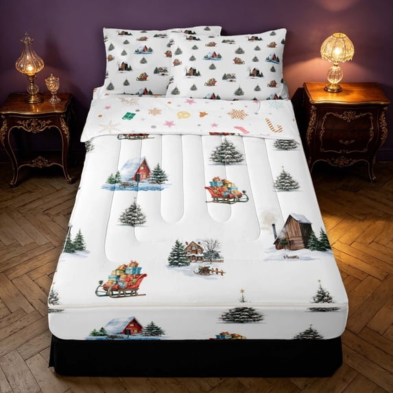Manfei Rustic Winter Cabin Zipper Full Size Comforter Sets with Fitted Sheet and 2 Pillowcases,Traditional Christmas Tree Zipper Bedding Set,White Gray,Christmas Reversible,4pcs